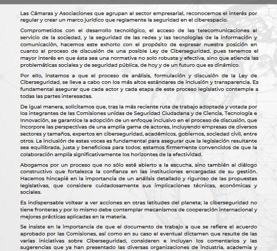 Camaras y asociaciones empresariales exhortan a diputados y senadores a abordar una Ley de Ciberseguridad de manera responsable y desde la inclusión y pluralidad de ideas