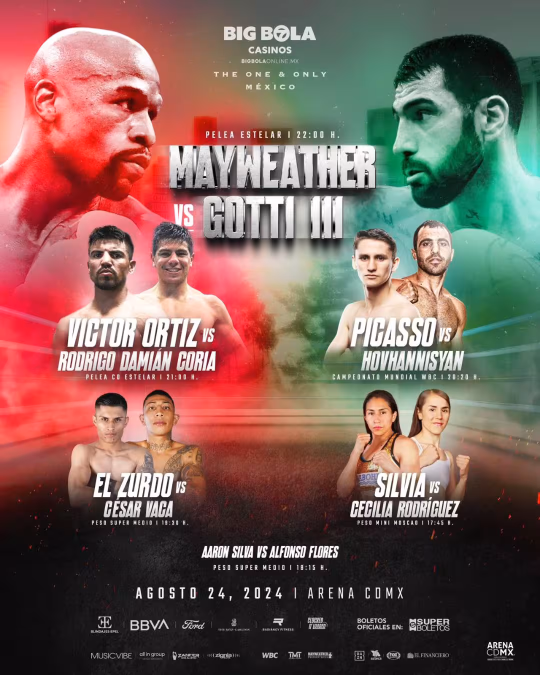 Anuncian cartelera completa del encuentro entre MAYWEATHER Y GOTTI III en la arena CDMX y boletos al 2×1