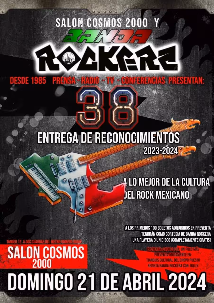 Se llevará a cabo la 38 entrega de reconocimientos de la legendaria revista BANDA ROCKERA, la Gala del Rock Mexicano, en el salón cosmos 2000