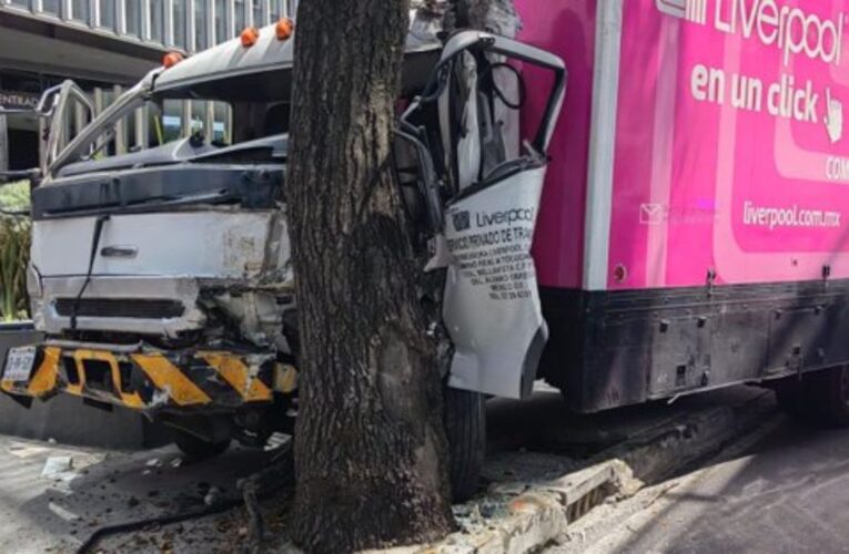 Camión de carga da volantazo y choca contra un árbol en Periférico Sur