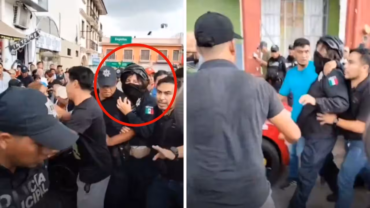 Alcaldesa de San Andrés Tuxtla intenta escapar de manifestantes vestida de policía