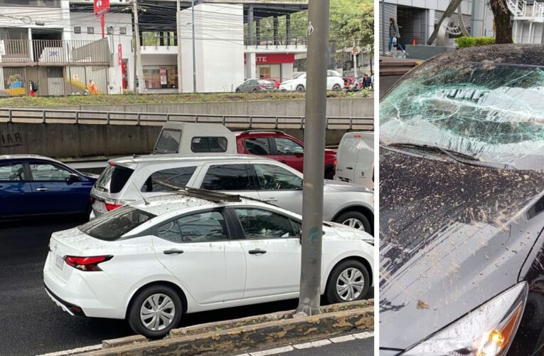 Tubo de metal cae del segundo piso del Periférico Sur; hay dos autos afectados