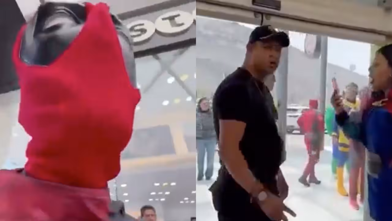 Se disfrazan para ir a ver peli de Deadpool, pero seguridad de plaza los corre